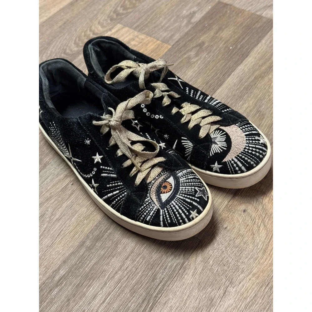 Johnny Was Black Suede Celestial Embroidered Sneakers Evil Eye Womens 7